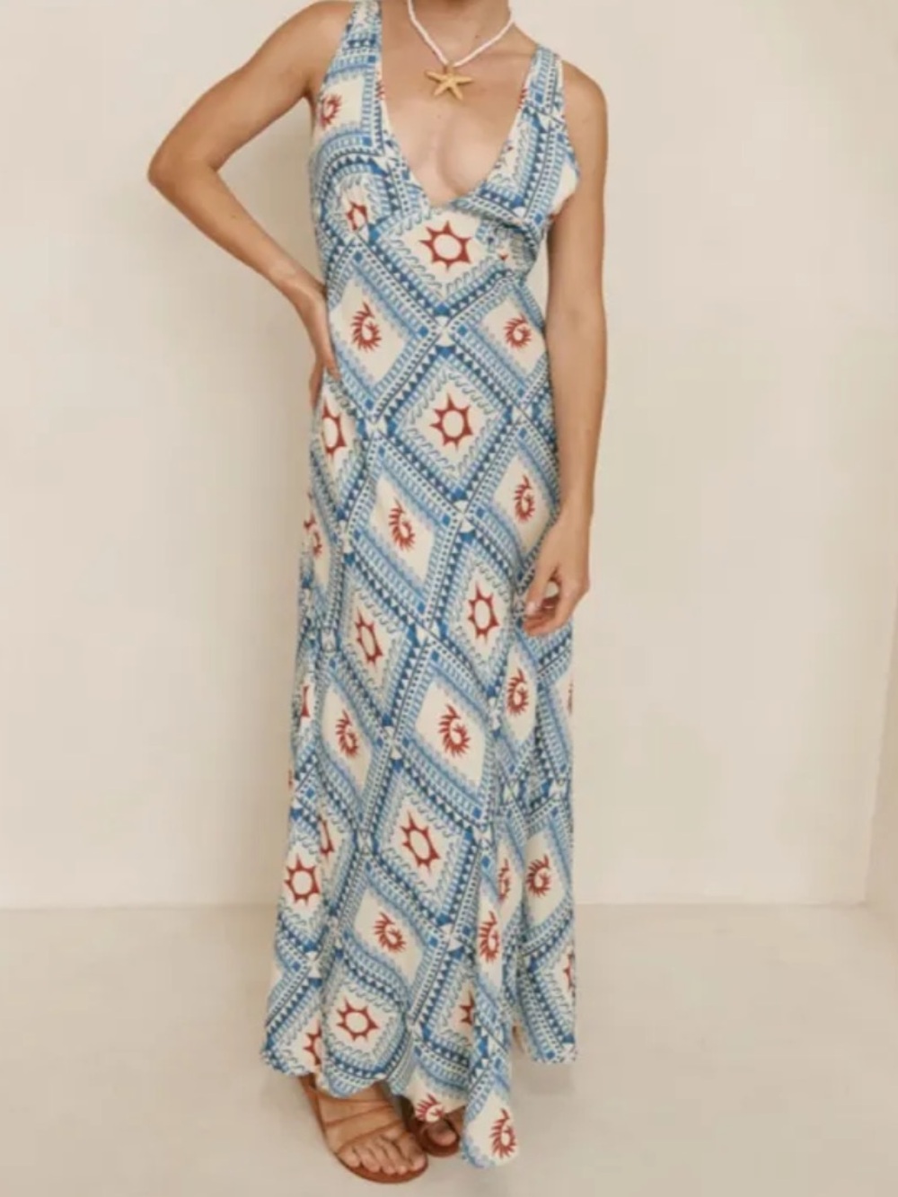 VRG GRL Sleeveless Blue & White V Neck Maxi Dress with Geometric Print - Picture 2 of 15
